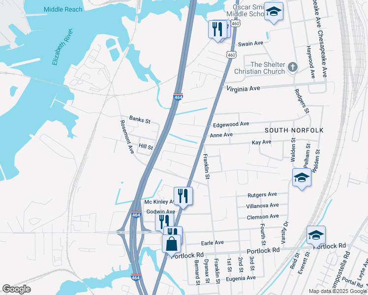 map of restaurants, bars, coffee shops, grocery stores, and more near 1014 Middle Street in Chesapeake