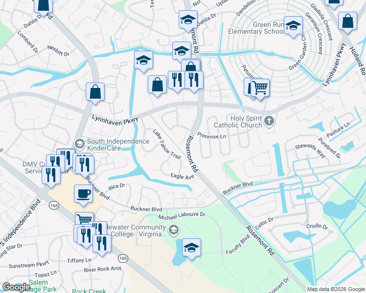 map of restaurants, bars, coffee shops, grocery stores, and more near 1483 Old Oak Arch in Virginia Beach