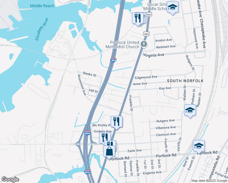 map of restaurants, bars, coffee shops, grocery stores, and more near 1006 Middle Street in Chesapeake