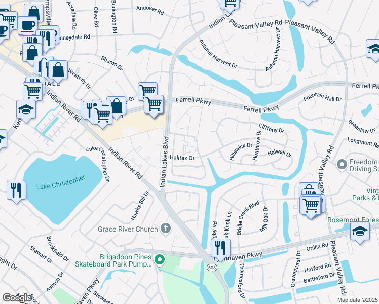 map of restaurants, bars, coffee shops, grocery stores, and more near 1416 Rand Court in Virginia Beach
