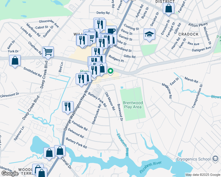 map of restaurants, bars, coffee shops, grocery stores, and more near 1508 Sherbrooke Rd in Chesapeake