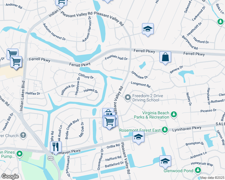 map of restaurants, bars, coffee shops, grocery stores, and more near 1432 Willow Pointe Ct in Virginia Beach