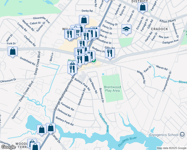 map of restaurants, bars, coffee shops, grocery stores, and more near 1508 Sherbrooke Rd in Chesapeake