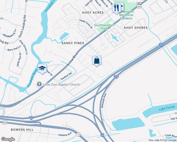map of restaurants, bars, coffee shops, grocery stores, and more near 4061 Cedar Grove Crescent in Chesapeake