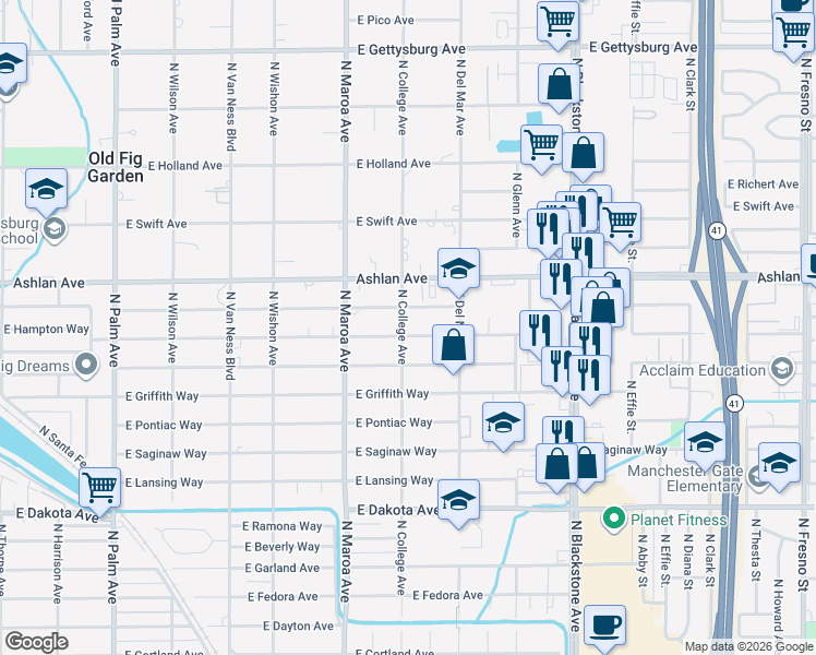 map of restaurants, bars, coffee shops, grocery stores, and more near 4077 North College Avenue in Fresno