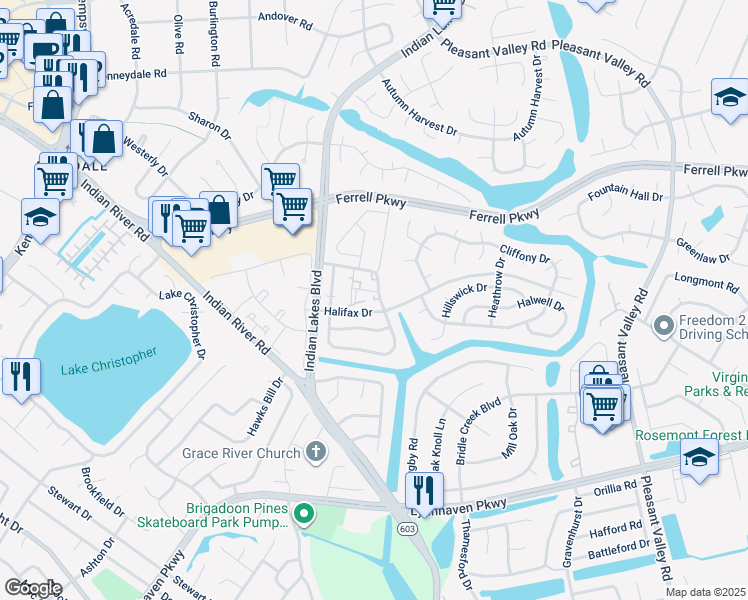 map of restaurants, bars, coffee shops, grocery stores, and more near 1402 Rellen Court in Virginia Beach