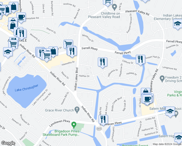 map of restaurants, bars, coffee shops, grocery stores, and more near 1408 Rellen Court in Virginia Beach