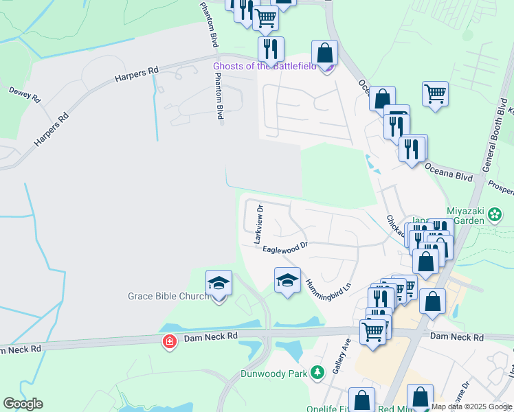 map of restaurants, bars, coffee shops, grocery stores, and more near 1403 Larkview Drive in Virginia Beach
