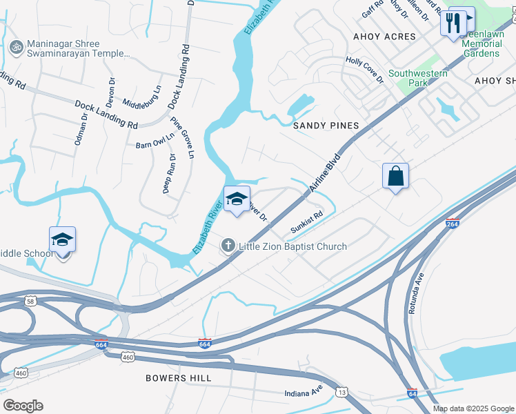 map of restaurants, bars, coffee shops, grocery stores, and more near 1401 Spring Road in Chesapeake