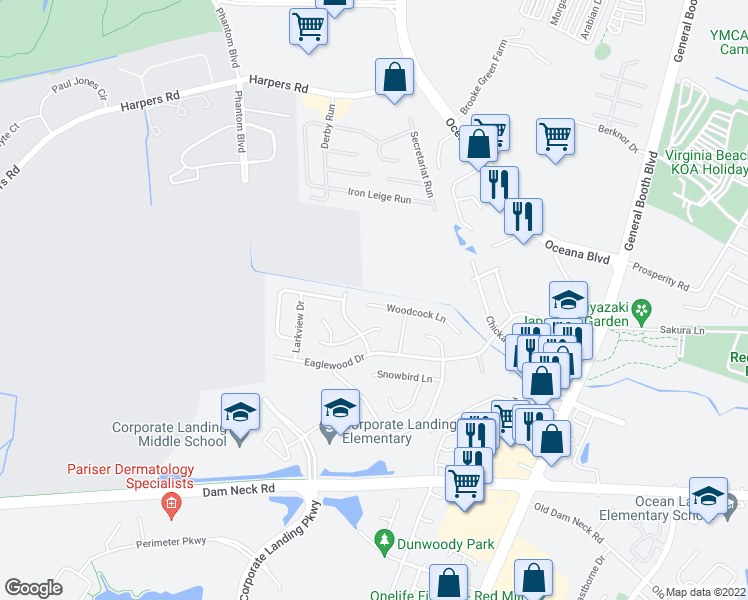 map of restaurants, bars, coffee shops, grocery stores, and more near 1156 Woodcock Lane in Virginia Beach