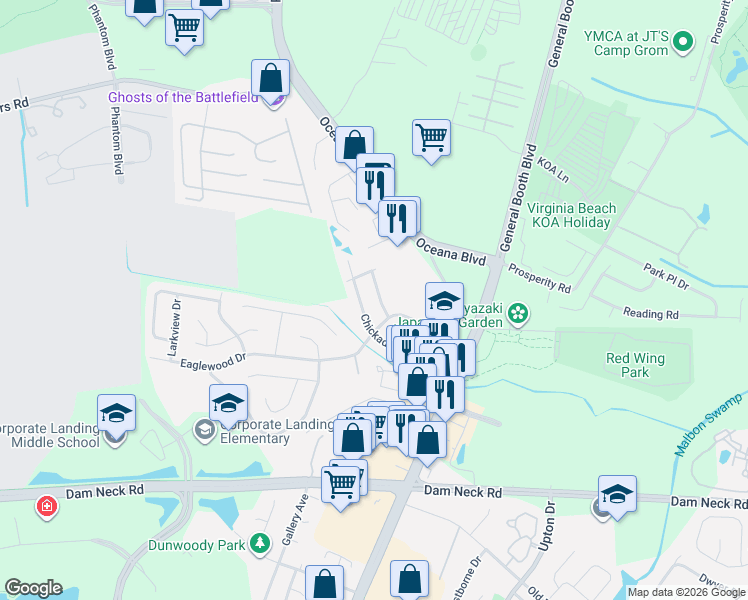 map of restaurants, bars, coffee shops, grocery stores, and more near 1433 Goldfinch Lane in Virginia Beach