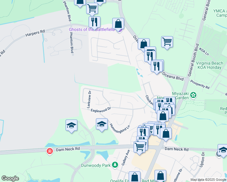 map of restaurants, bars, coffee shops, grocery stores, and more near 1151 Woodcock Lane in Virginia Beach