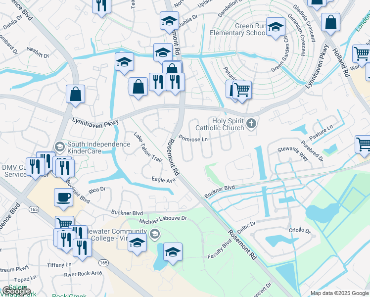 map of restaurants, bars, coffee shops, grocery stores, and more near 1446 Old Oak Arch in Virginia Beach