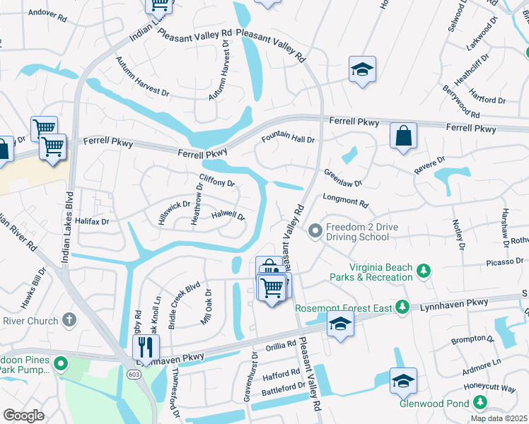 map of restaurants, bars, coffee shops, grocery stores, and more near 4900 Willow Pointe Lane in Virginia Beach