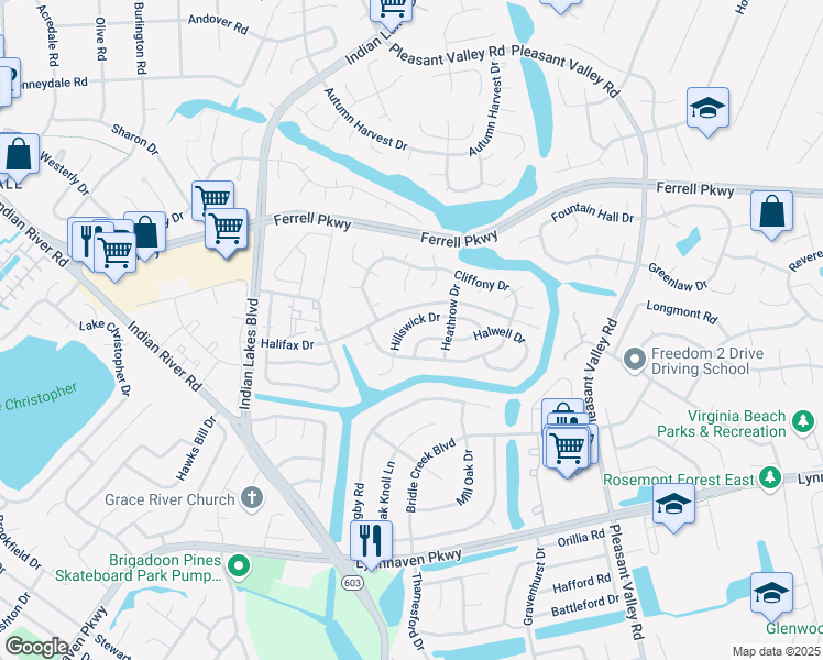 map of restaurants, bars, coffee shops, grocery stores, and more near 5053 Hillswick Drive in Virginia Beach