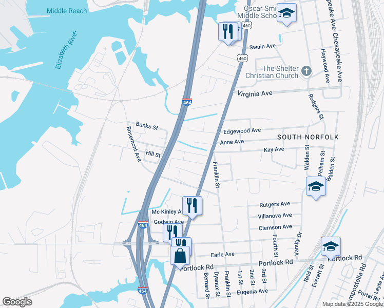 map of restaurants, bars, coffee shops, grocery stores, and more near 1012 Middle Street in Chesapeake