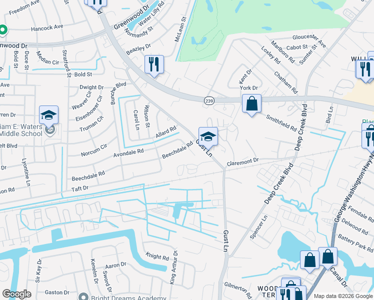 map of restaurants, bars, coffee shops, grocery stores, and more near 107 Avondale Road in Portsmouth