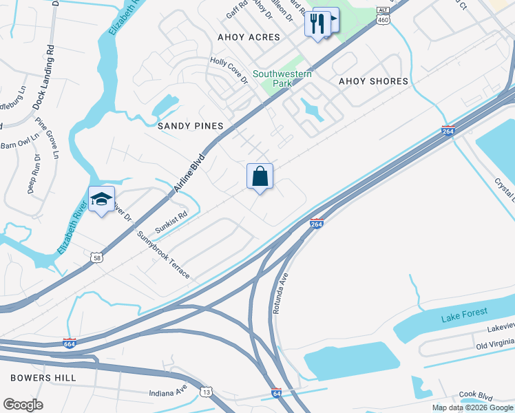 map of restaurants, bars, coffee shops, grocery stores, and more near 4008 Wyant Court in Chesapeake