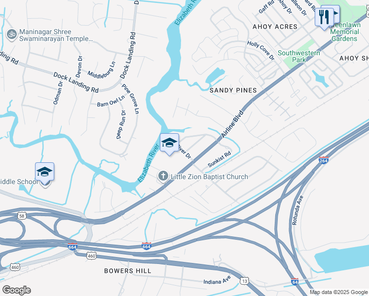 map of restaurants, bars, coffee shops, grocery stores, and more near 1401 Spring Road in Chesapeake