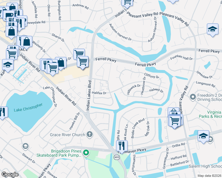 map of restaurants, bars, coffee shops, grocery stores, and more near 1501 Jameson Drive in Virginia Beach
