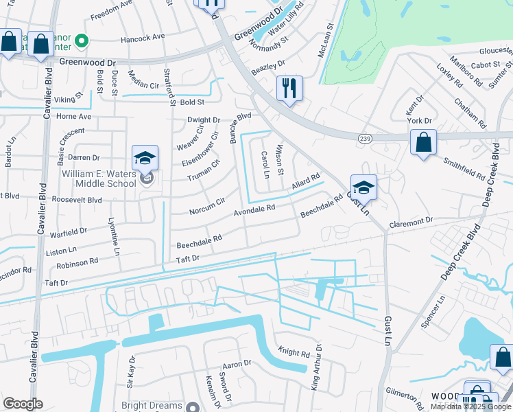 map of restaurants, bars, coffee shops, grocery stores, and more near 317 Avondale Road in Portsmouth