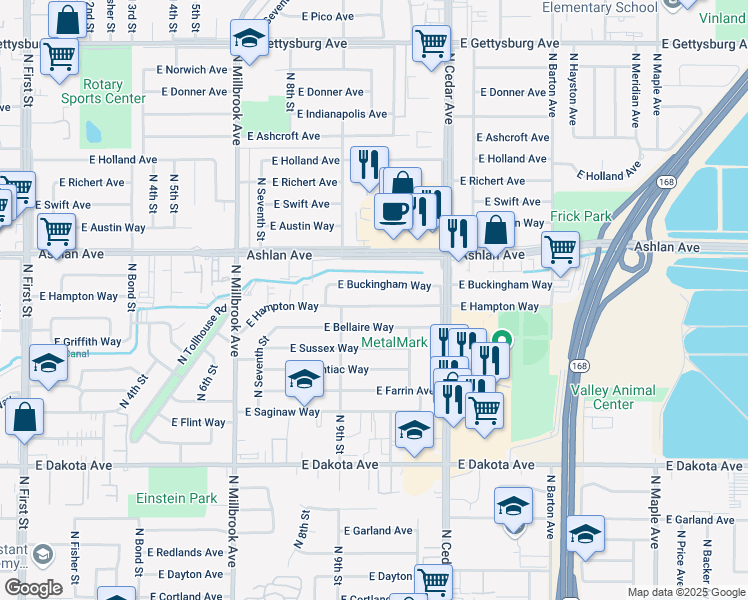 map of restaurants, bars, coffee shops, grocery stores, and more near 4022 East Hampton Way in Fresno