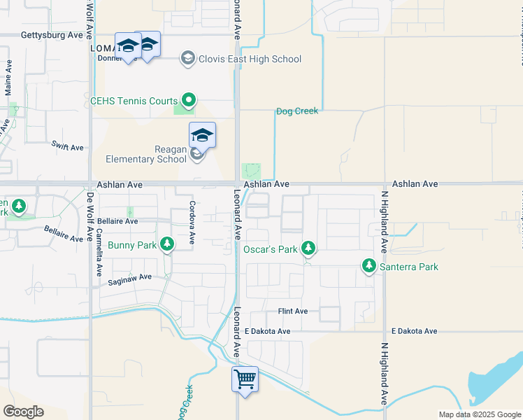 map of restaurants, bars, coffee shops, grocery stores, and more near 3864 Hampton Way in Clovis