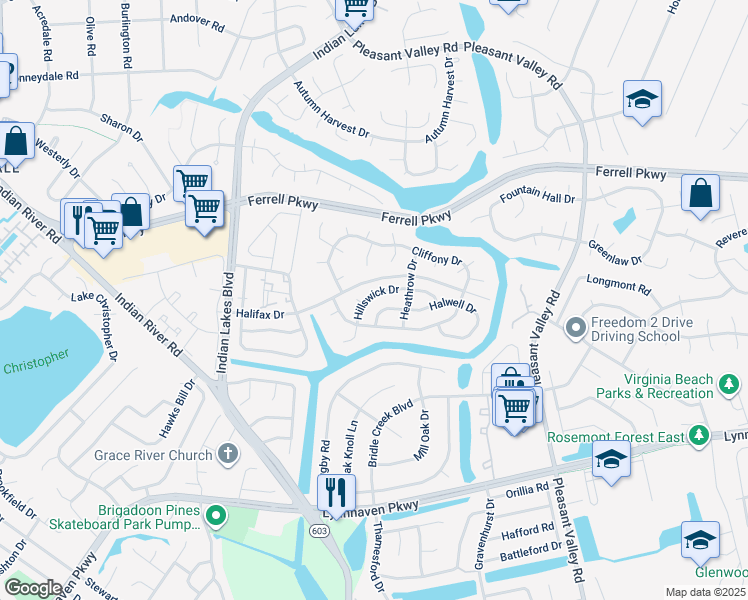 map of restaurants, bars, coffee shops, grocery stores, and more near 5053 Hillswick Drive in Virginia Beach