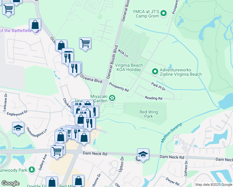 map of restaurants, bars, coffee shops, grocery stores, and more near 856-922 Sakura Lane in Virginia Beach