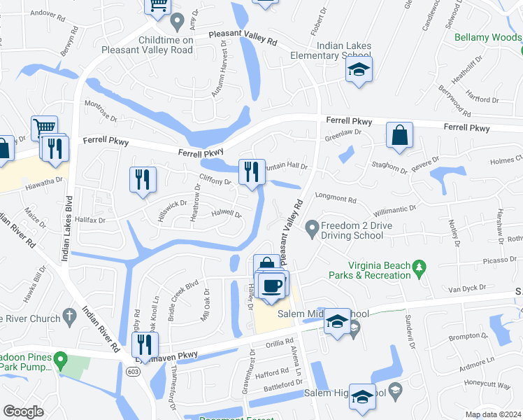 map of restaurants, bars, coffee shops, grocery stores, and more near 4900 Willow Pointe Lane in Virginia Beach