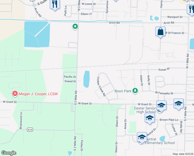 map of restaurants, bars, coffee shops, grocery stores, and more near 1306 Briarcliff in Dexter