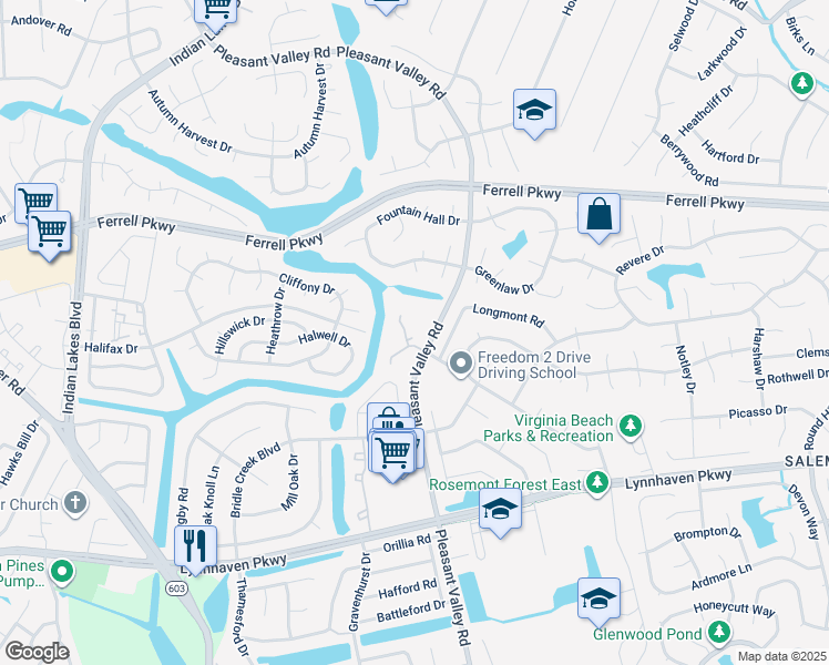 map of restaurants, bars, coffee shops, grocery stores, and more near 1424 Willow Pointe Court in Virginia Beach