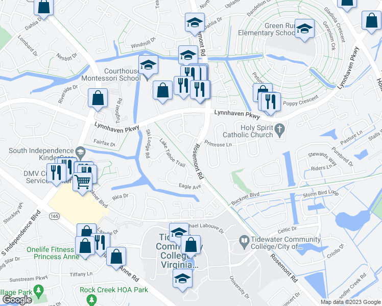 map of restaurants, bars, coffee shops, grocery stores, and more near 1530 Garland Way in Virginia Beach