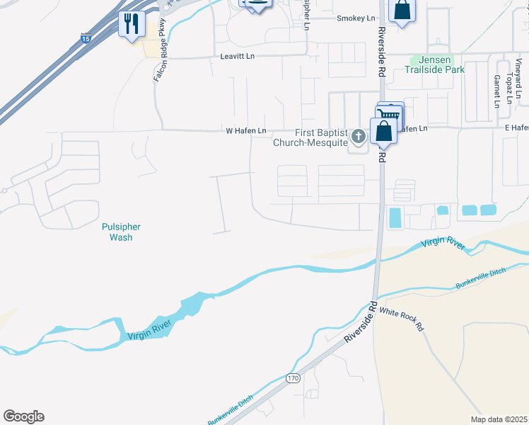 map of restaurants, bars, coffee shops, grocery stores, and more near 651 Hagens Alley in Mesquite