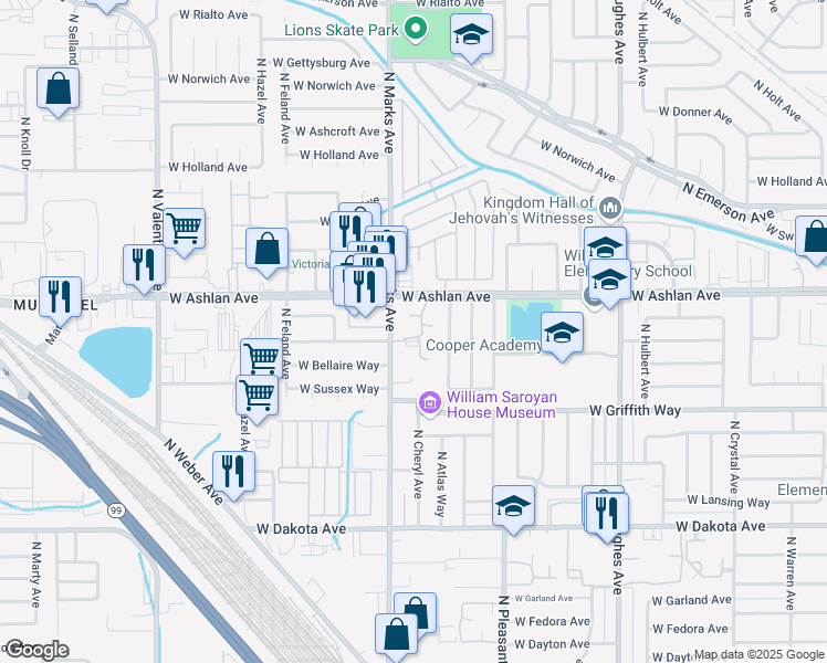 map of restaurants, bars, coffee shops, grocery stores, and more near in Fresno