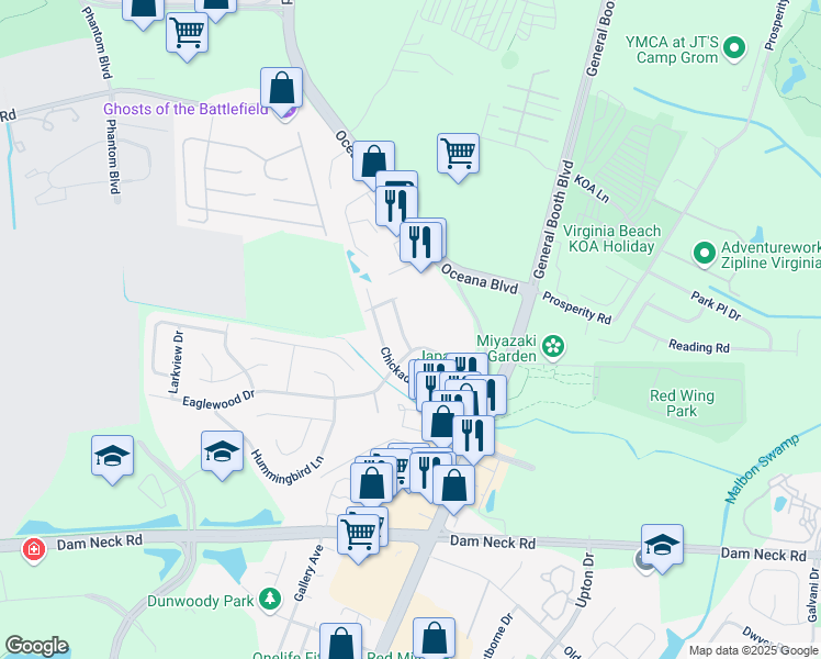 map of restaurants, bars, coffee shops, grocery stores, and more near 1433 Goldfinch Lane in Virginia Beach