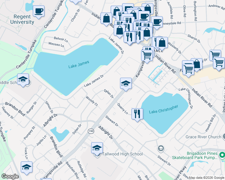 map of restaurants, bars, coffee shops, grocery stores, and more near 1540 Dylan Drive in Virginia Beach