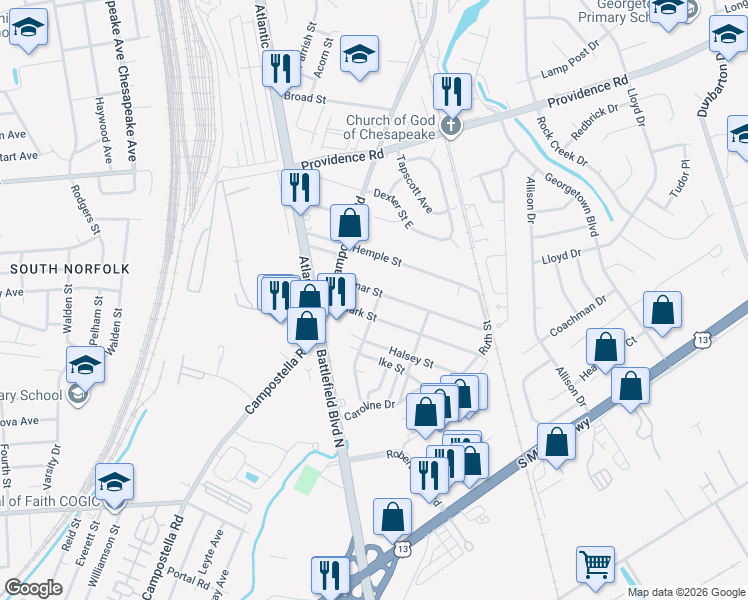 map of restaurants, bars, coffee shops, grocery stores, and more near 2608 Mark Street in Chesapeake