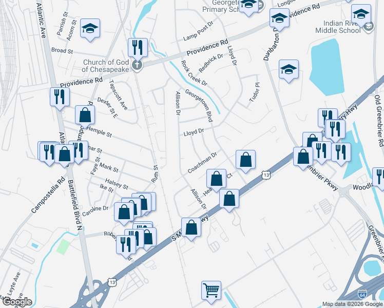 map of restaurants, bars, coffee shops, grocery stores, and more near 240 Coachman Drive in Chesapeake
