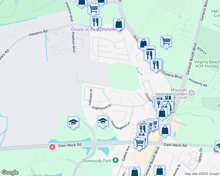 map of restaurants, bars, coffee shops, grocery stores, and more near 1160 Woodcock Lane in Virginia Beach