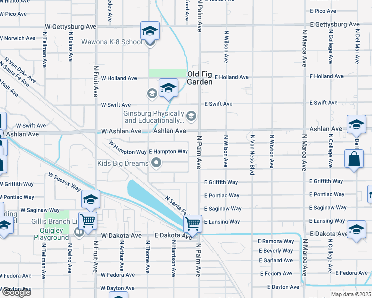 map of restaurants, bars, coffee shops, grocery stores, and more near 155 East Hampton Way in Fresno