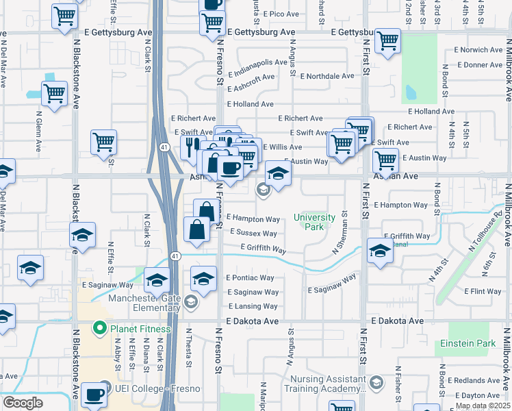 map of restaurants, bars, coffee shops, grocery stores, and more near 4140 North Augusta Street in Fresno