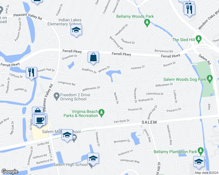 map of restaurants, bars, coffee shops, grocery stores, and more near 4632 Revere Drive in Virginia Beach