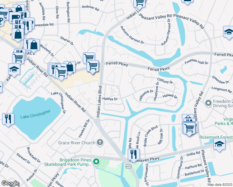 map of restaurants, bars, coffee shops, grocery stores, and more near 1416 Rand Court in Virginia Beach