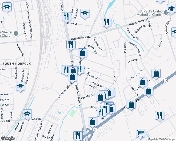 map of restaurants, bars, coffee shops, grocery stores, and more near 2608 Mark Street in Chesapeake