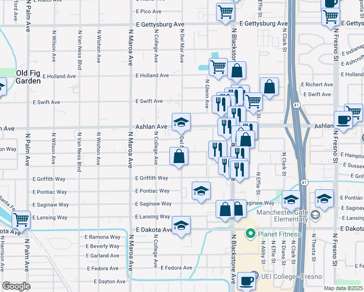 map of restaurants, bars, coffee shops, grocery stores, and more near 4122 North Del Mar Avenue in Fresno