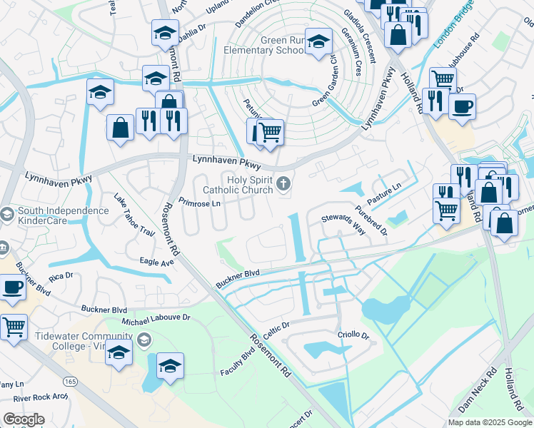 map of restaurants, bars, coffee shops, grocery stores, and more near 3601 Crofts Pride Drive in Virginia Beach