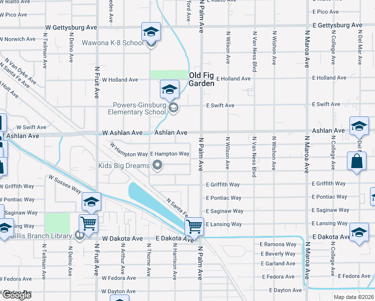 map of restaurants, bars, coffee shops, grocery stores, and more near 155 East Hampton Way in Fresno