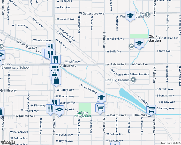 map of restaurants, bars, coffee shops, grocery stores, and more near 4073 North Fruit Avenue in Fresno