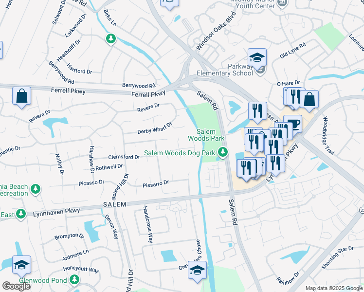 map of restaurants, bars, coffee shops, grocery stores, and more near 4432 Clemsford Drive in Virginia Beach